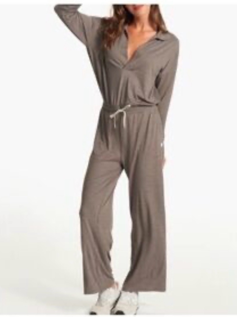 Vuori Taupe Long-Sleeve Drawcord Jumpsuit
